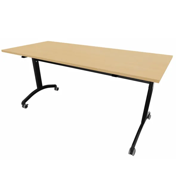 Table mobile rabattable rectangulaire FT12 - 160 x 70 cm - piétement noir - plateau mélaminé hêtre naturel