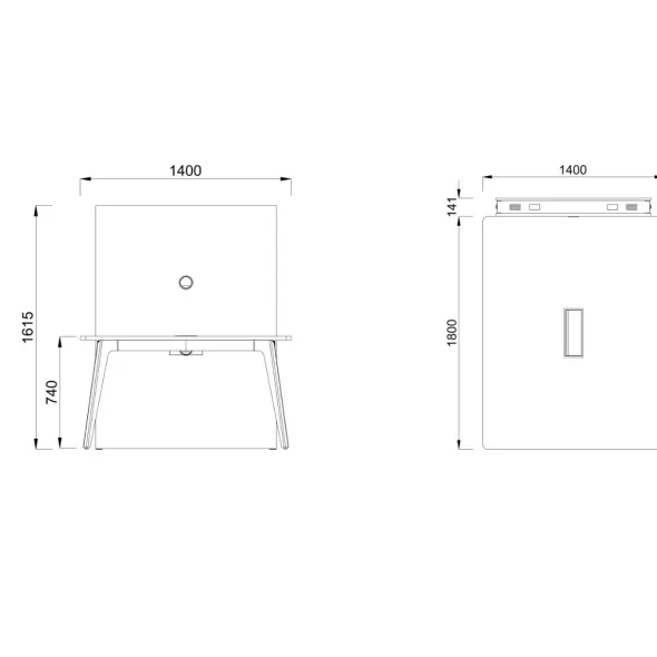 Table rectangulaire 4/6 places Lares Media II - l. 140 x h. 74 x pr. 180 cm + mur support - top access et goulotte