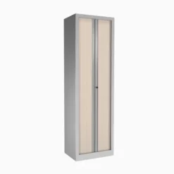 Vestiaire métallique Etic - h. 198 x l. 60 cm - décor bois - fermeture rideaux-1 serrure-1 tablette noire porte-cintre