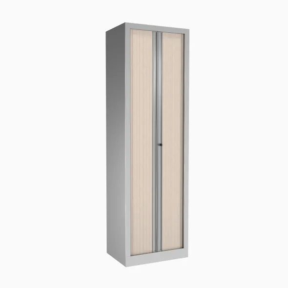 Vestiaire métallique Etic - h. 198 x l. 60 cm - décor bois - fermeture rideaux-1 serrure-1 tablette noire porte-cintre